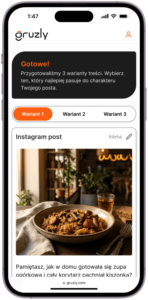 Aplikacja Gruzly generująca warianty postów na telefonie