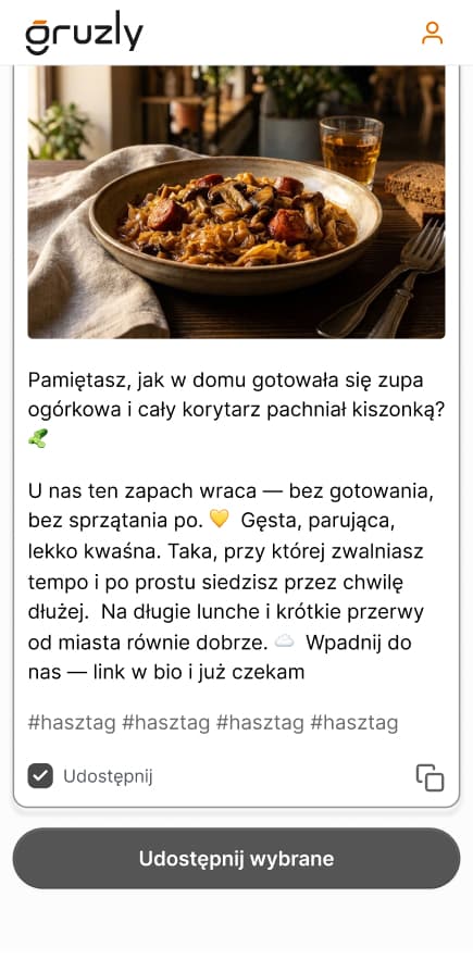 Ekran publikacji posta w aplikacji Gruzly
